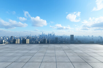 Fototapeta premium Empty Rooftop with City Skyline and Clear Blue Sky