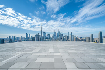 Empty Rooftop with City Skyline and Clear Blue Sky