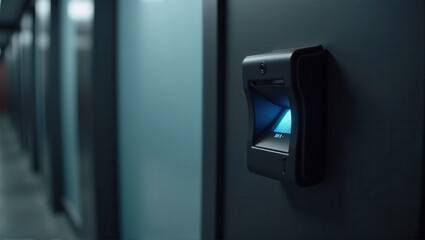 Modern biometric fingerprint scanner on a wall, security technology, dark tones, illuminated orange sensor. Generative, AI.