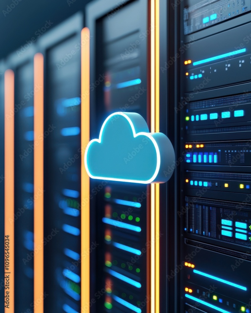 Poster a modern data center featuring servers with illuminated panels and a cloud symbol, representing clou