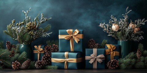 Minimalist style of velvet emerald green, navy, and burgundy papers gift boxes tied with gold ribbon on the table, surrounded by flowers in vases, fir branches, and pine cones.