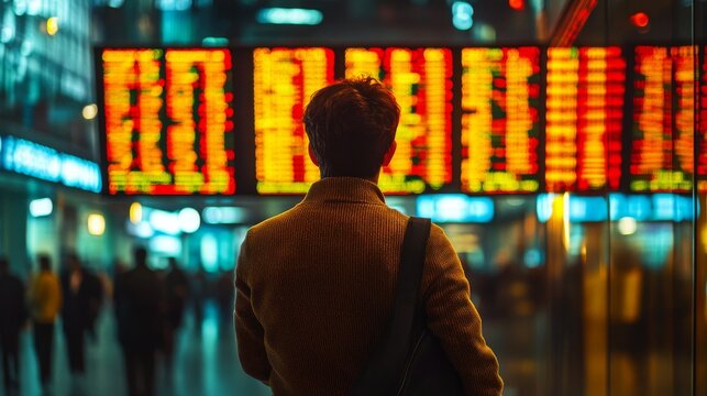 Man observing illuminated stock ticker data at night