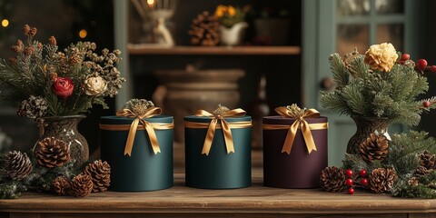 Minimalist style of velvet emerald green, navy, and burgundy papers gift boxes tied with gold ribbon on the table, surrounded by flowers in vases, fir branches, and pine cones.