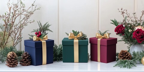 Minimalist style of velvet emerald green, navy, and burgundy papers gift boxes tied with gold ribbon on the table, surrounded by flowers in vases, fir branches, and pine cones.
