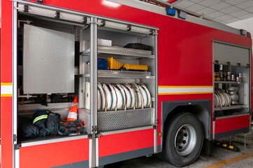 The fire truck parked in the garage