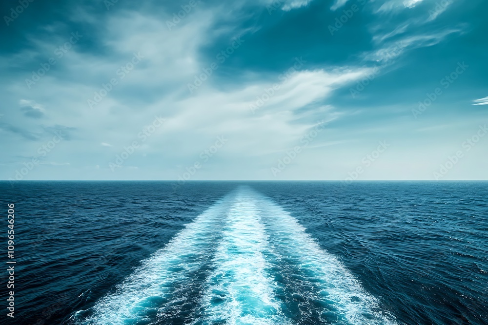 Poster a serene ocean view with a wake trailing behind, under a cloudy sky.