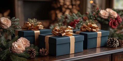 Minimalist style of velvet emerald green, navy, and burgundy papers gift boxes tied with gold ribbon on the table, surrounded by flowers in vases, fir branches, and pine cones.