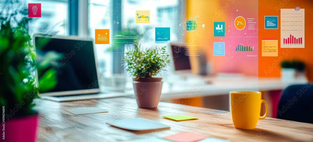 Poster vibrant office workspace with digital data analysis and modern technology elements