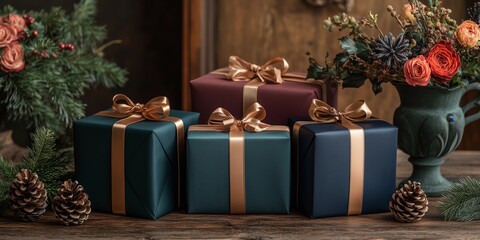 Minimalist style of velvet emerald green, navy, and burgundy papers gift boxes tied with gold ribbon on the table, surrounded by flowers in vases, fir branches, and pine cones.