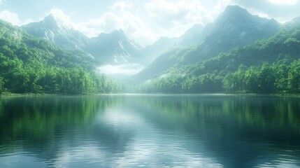 Fototapeta premium Serene Mountain Lake Reflection: A Peaceful Escape