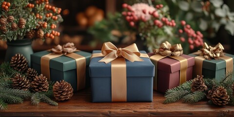 Minimalist style of velvet emerald green, navy, and burgundy papers gift boxes tied with gold ribbon on the table, surrounded by flowers in vases, fir branches, and pine cones.