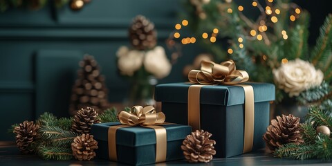 Minimalist style of velvet emerald green, navy, and burgundy papers gift boxes tied with gold ribbon on the table, surrounded by flowers in vases, fir branches, and pine cones.