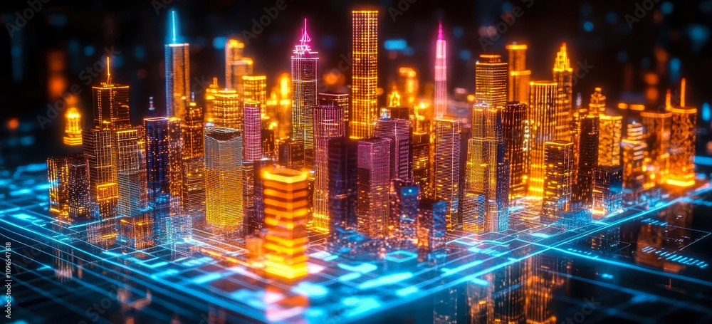 Poster futuristic holographic city model displaying dynamic energy flow and usage data visualization