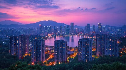 Naklejka premium Breathtaking cityscape at twilight with colorful sky and urban reflections