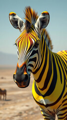 Zebra art with yellow stripes painted on its body, zebra, yellow, animal, creative, design