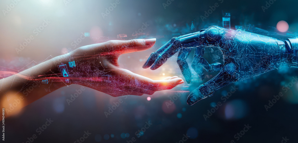Poster human and robot hands connecting in ai and machine learning network