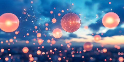 Abstract spheres float in a dreamy sunset sky, connected by glowing lines.