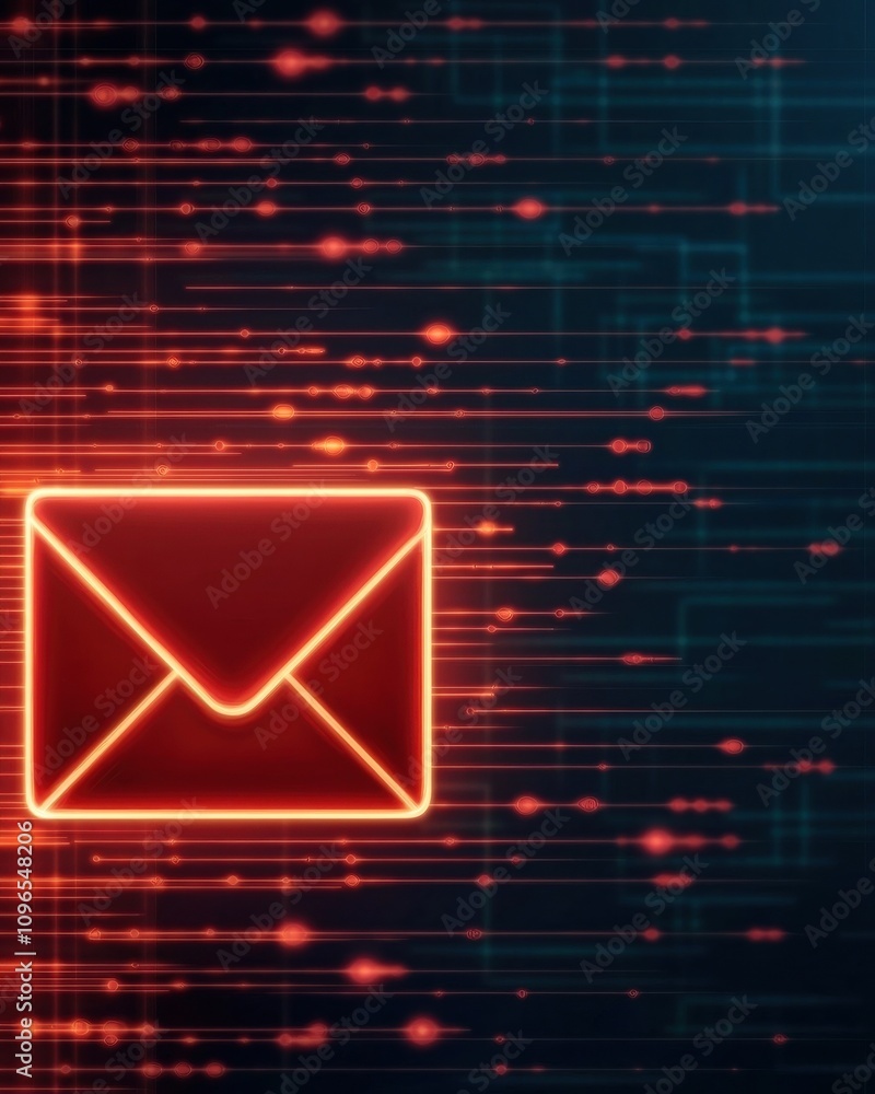 Poster a glowing envelope icon against a dynamic, digital background with light trails, symbolizing communi