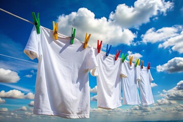 Bright and Cheerful White T-shirt Hanging on a Rope with Clothespins Under the Sunlight on a Clear Day, Capturing the Essence of Simple Outdoor Living and Fresh Laundry Day Vibes