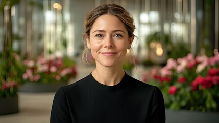 Smiling woman in a modern indoor garden setting with flowers