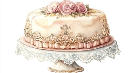 a vintage cake illustration, ornate Victorian-style dessert, watercolor art, muted pastel tones, isolated on white background 
