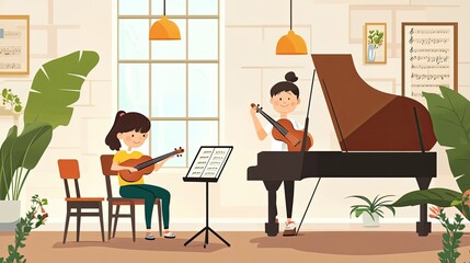 Two girls learning to play violin in a bright music room with a grand piano, sheet music, and decorative plants, capturing the joy of musical education in a warm atmosphere