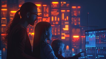 Fototapeta premium Family interacting with smart home technology, controlling lights and appliances