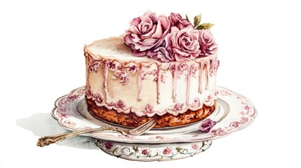 a vintage cake illustration, ornate Victorian-style dessert, watercolor art, muted pastel tones, isolated on white background 