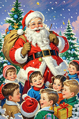 illustration painting of happiness santa claus celebrating christmas wit the children