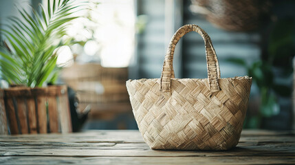 Fototapeta premium A close-up of a woven handbag made from recycled paper, placed on a rustic wooden table with natural lighting, creative reuse and craftsmanship