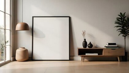 A large blank white frame leaning against a wall in a minimalist living room setting , with a wooden media console and various decorative objects