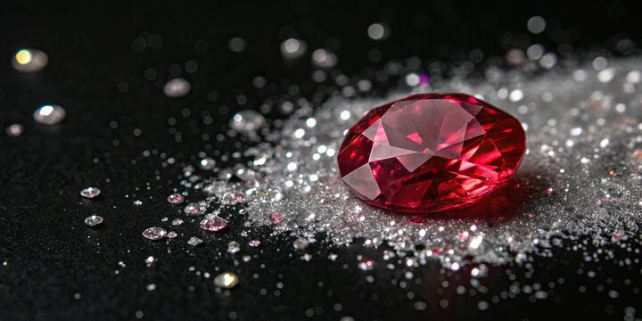 Ruby crystal surrounded by sparkling white glitter on a black background, sparkles, dark background, crystal, party atmosphere, ruby crystal