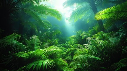 Lush green tropical forest with sunlight filtering through the leaves