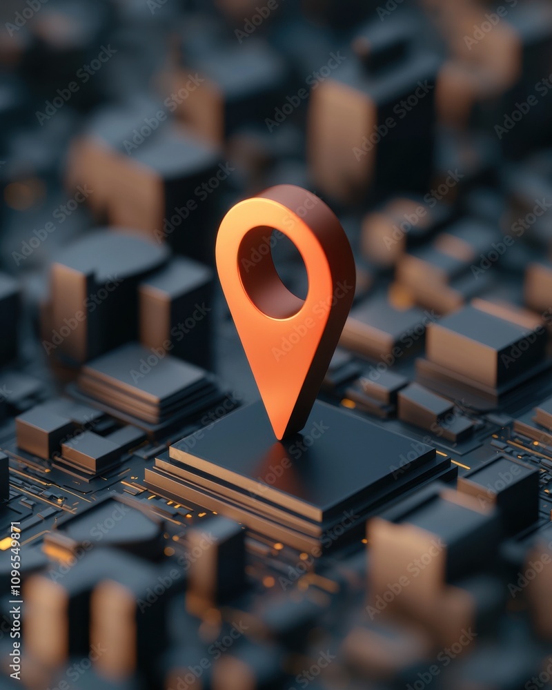 Poster a vibrant 3d map pin stands prominently atop a digital grid of buildings, symbolizing location and n