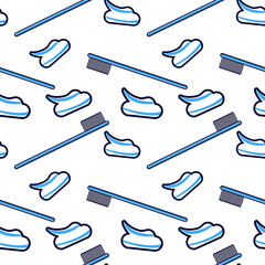 Pattern of blue toothbrushes with white bristles and white and blue striped toothpaste dollops.
