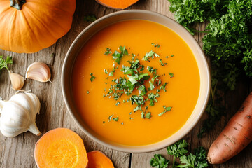 Pumpkin and Carrot Wasserman Mills soup in a white bowl on a wooden table with ingredients. Photograph in the style of ultra-realistic, hyper-detailed.