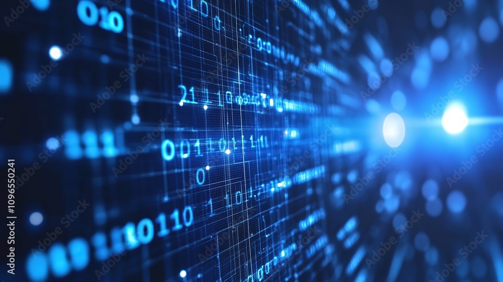 Poster blue digital binary data on computer screen, 4k image