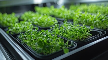 Vibrant green seedlings growing in small trays indoors