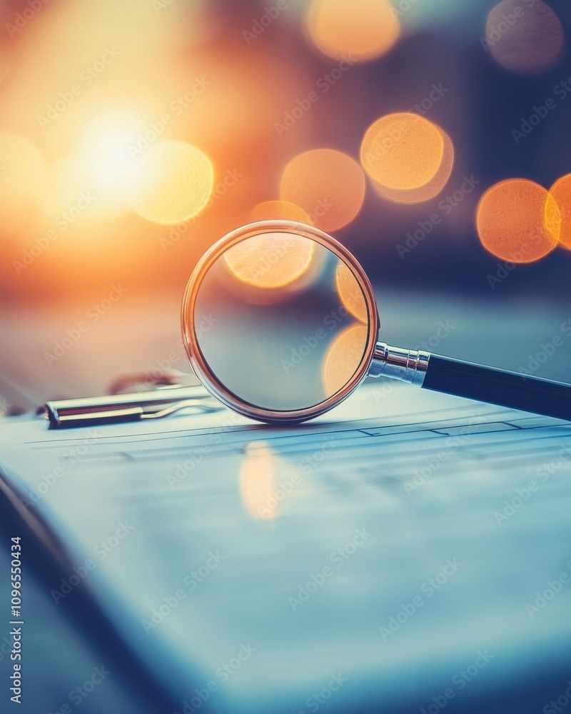 Poster a magnifying glass rests on a notebook, with soft bokeh lighting creating a warm, focused atmosphere