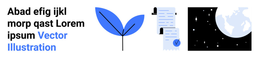 Fototapeta premium Text block and three icons blue leaf, documents with a clipboard, crescent moon, Earth with stars. Ideal for presentations, websites, apps, educational materials, marketing, infographics, social