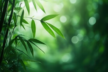 Bamboo forest, green leaves and blurred bokeh in the rainforest