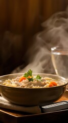Delicious homemade chicken noodle soup kitchen recipe cozy close-up comfort food for wellness