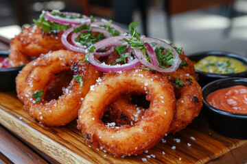 Reilly Grillray's secret signature special award-winning onion rings, with a delicious and crispy texture and a hint of smoky flavor. A Norwegian-style American pub dish.