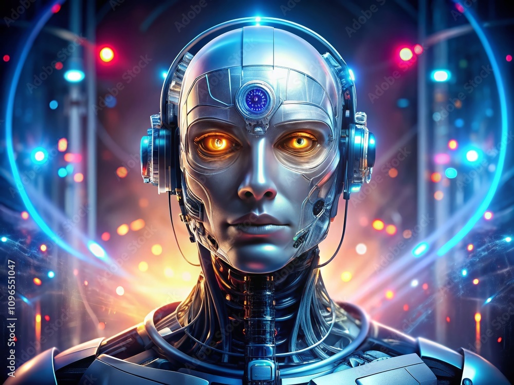 Aufkleber candid photography of a futuristic cyborg robot with luminous eyes and a transparent head against a 