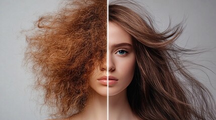 Split Image of Hair Texture Transformation from Frizzy to Sleek
