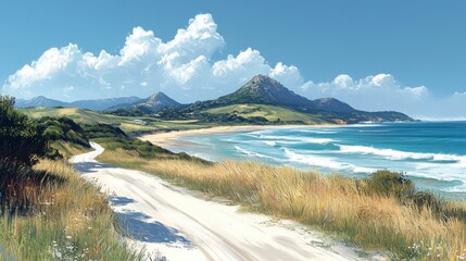 Coastal Scenic Roadway Painting: Picturesque Mountain Views and Ocean Waves
