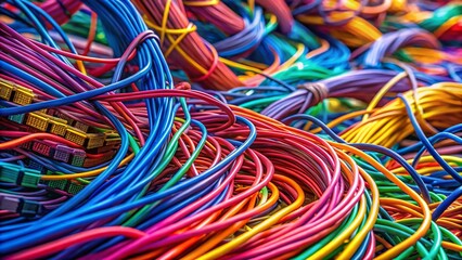 Candid Photography of Vibrant Colorful Network Cables and Wires Creating a Dynamic Tech Environment with Intricate Patterns and Textures for Digital Connectivity and Innovation