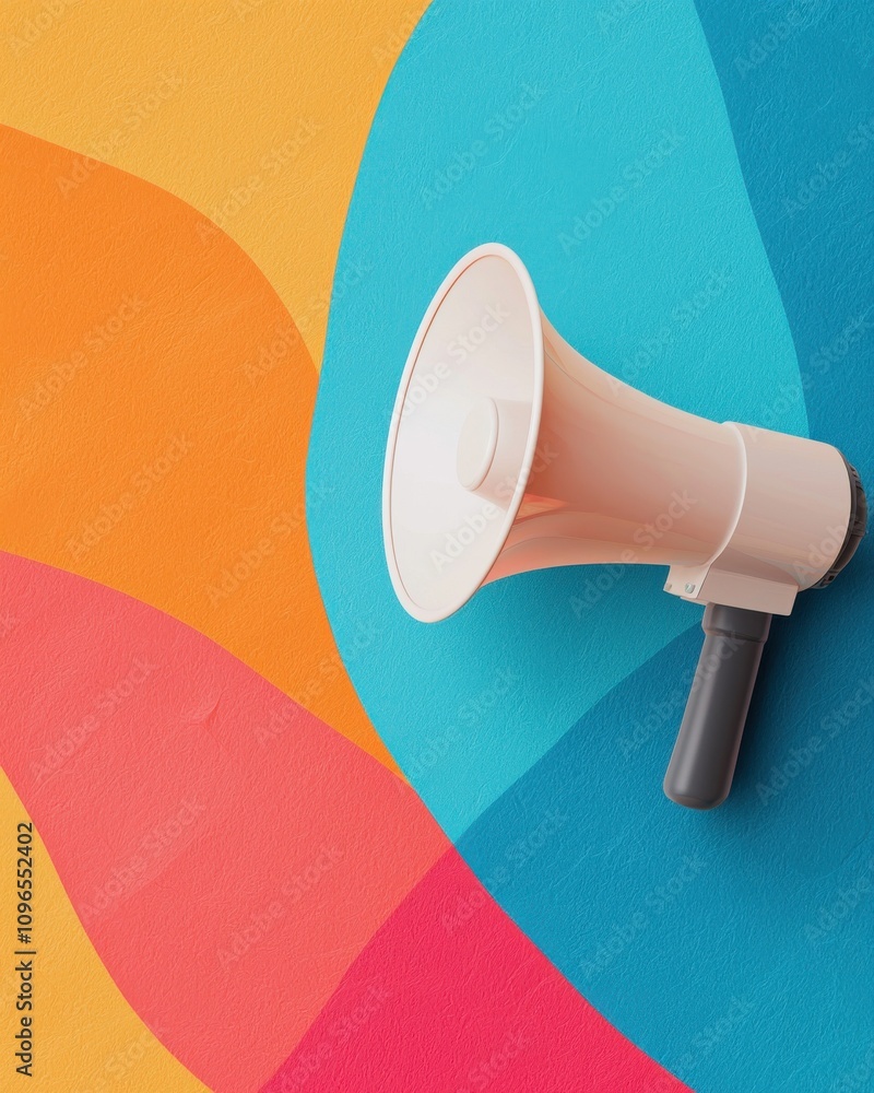 Poster a colorful background features a megaphone, symbolizing communication and amplification of messages.