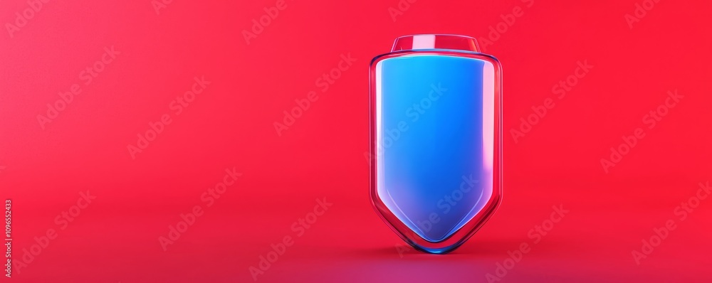 Poster shield with a gradient blue surface on a red background.