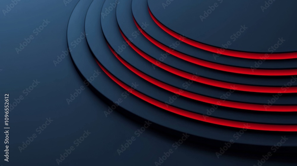 Poster abstract design with layered curves and red accents on a dark background.
